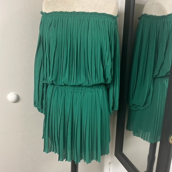 KELLY GREEN OTS SMOCKED WAIST PLEATED SHEER W/LINING BOHO CHIC FESTIVAL DRESS - Picture 3 of 12
